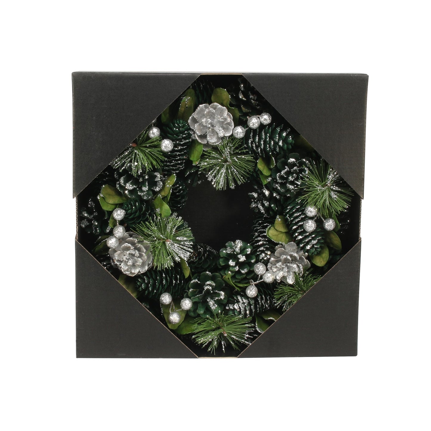 Green &amp; Silver Glitter Pine Cone Wreath (30cm)