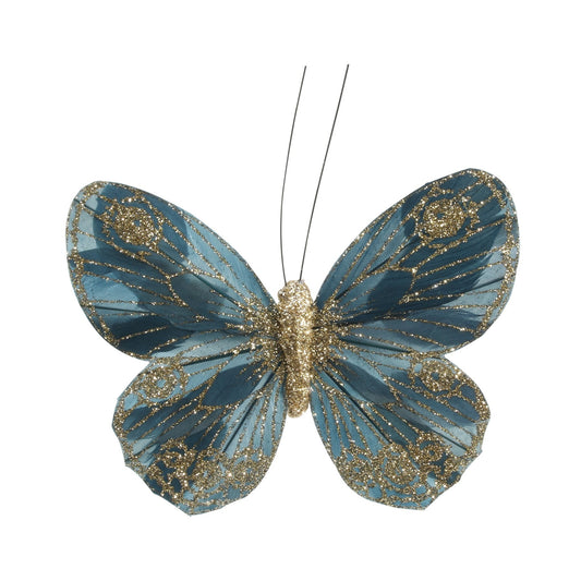 12cm Petrol Green Feather &amp; Glitter Butterfly (Pack of 12)