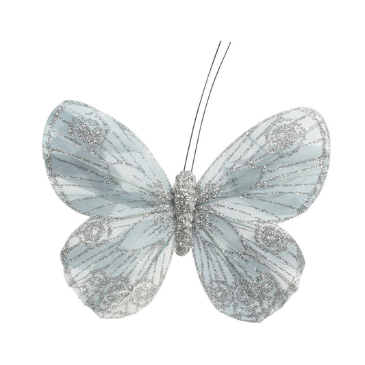12cm Silver Feather &amp; Glitter Butterfly (Pack of 12)