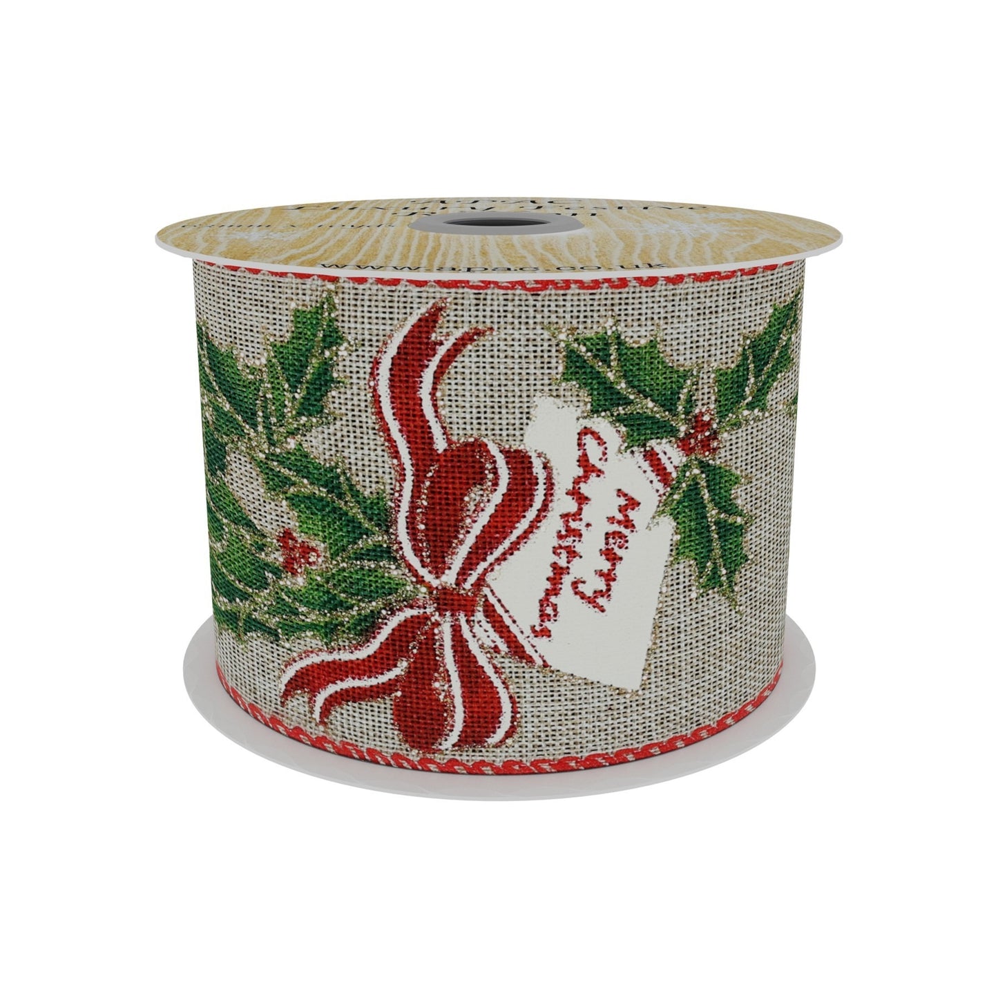 Natural Ribbon with Holly &amp; Bow Print (63mm x 10yd)