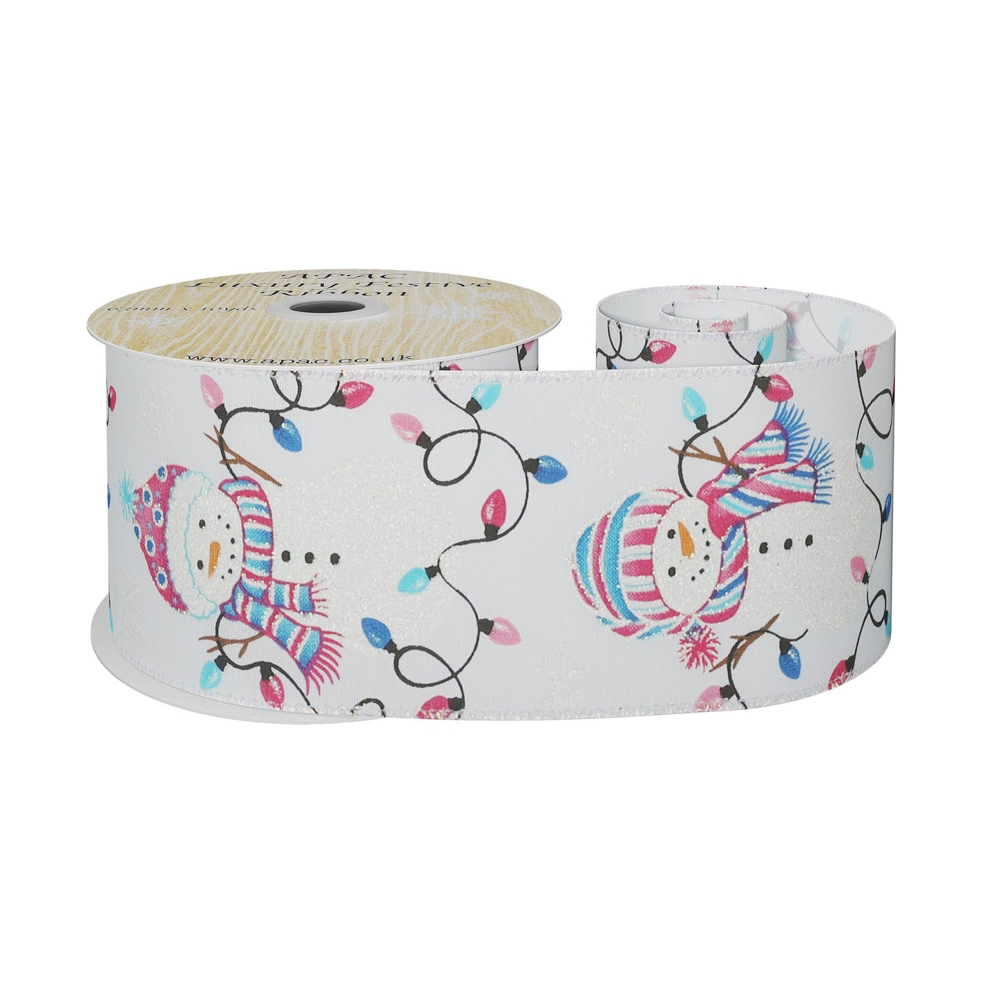 White Wired Ribbon with Snowman and Lights (63mm x 10 yards)