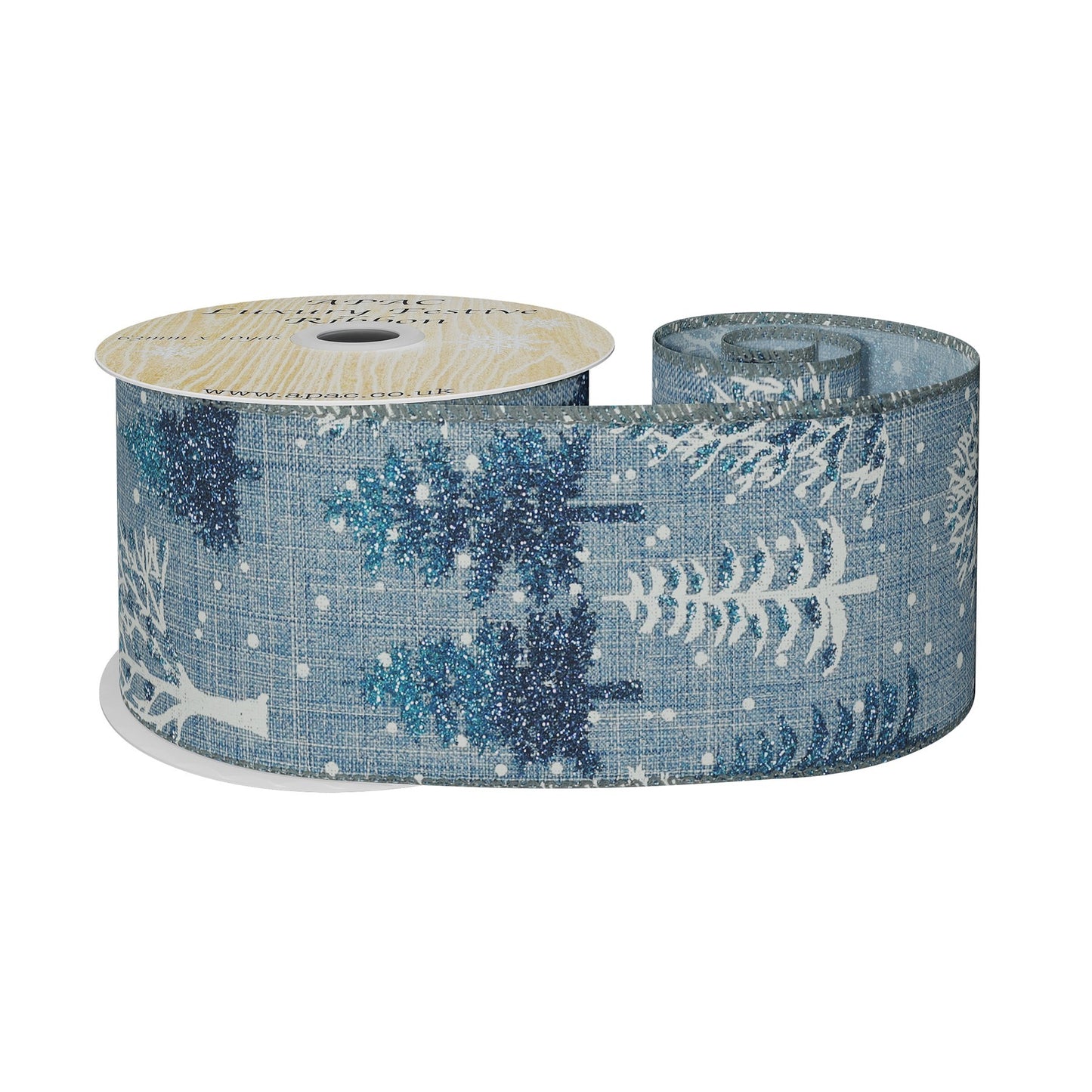 Blue with White &amp; Blue Glitter Trees Ribbon (63mm x 10yds)