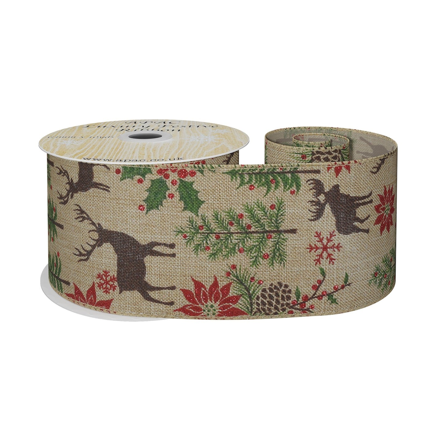 Natural with Deer &amp; Foilage Ribbon (63mm x 10yds)
