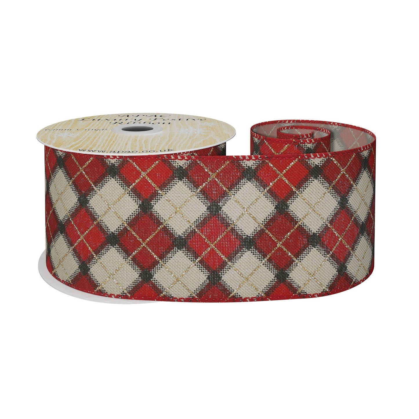 Red &amp; Gold Argyle Diamond Ribbon 63mm x 10yds