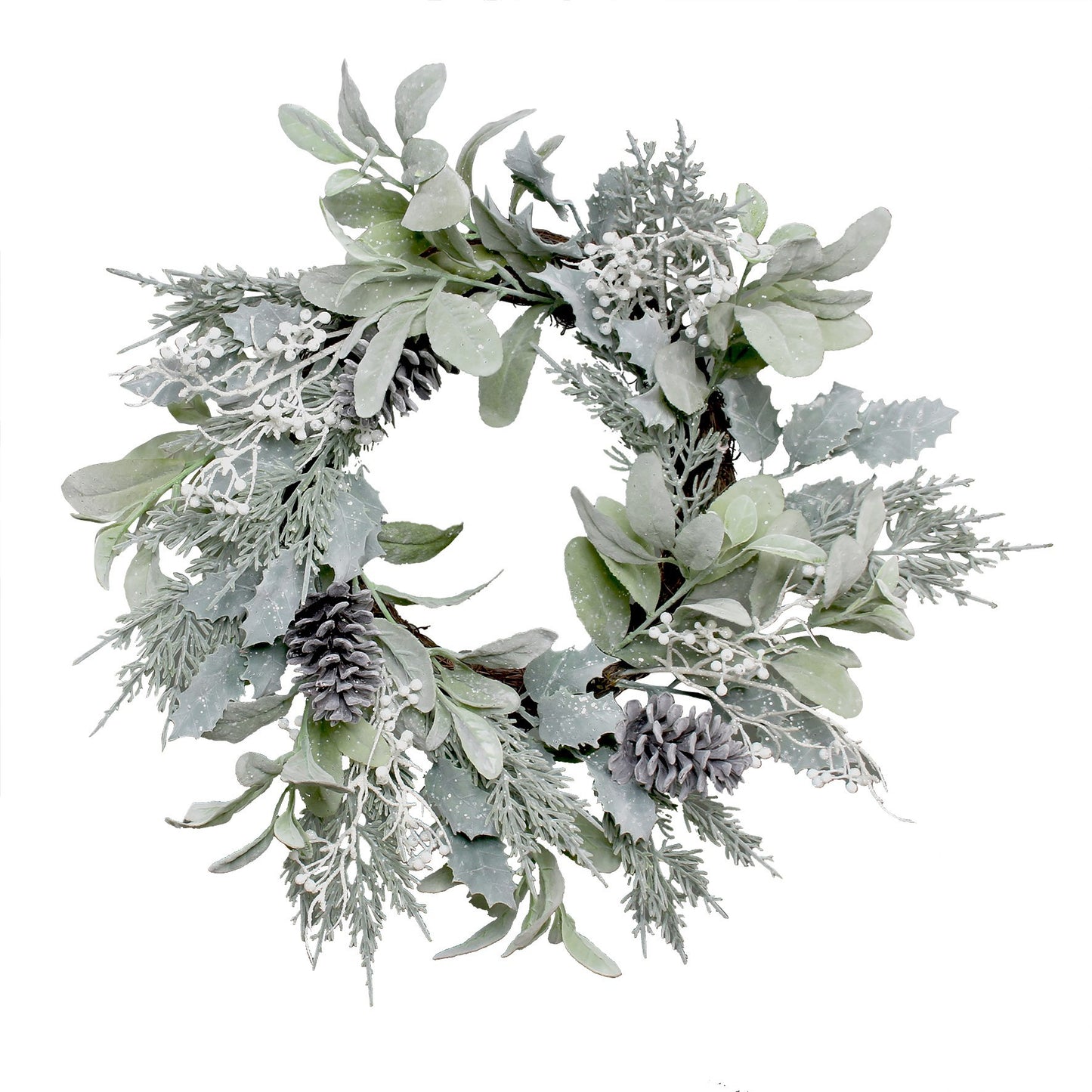 Lambs Ear  Holly Pine Cone &amp; White Berry Flocked Wreath (60cm)