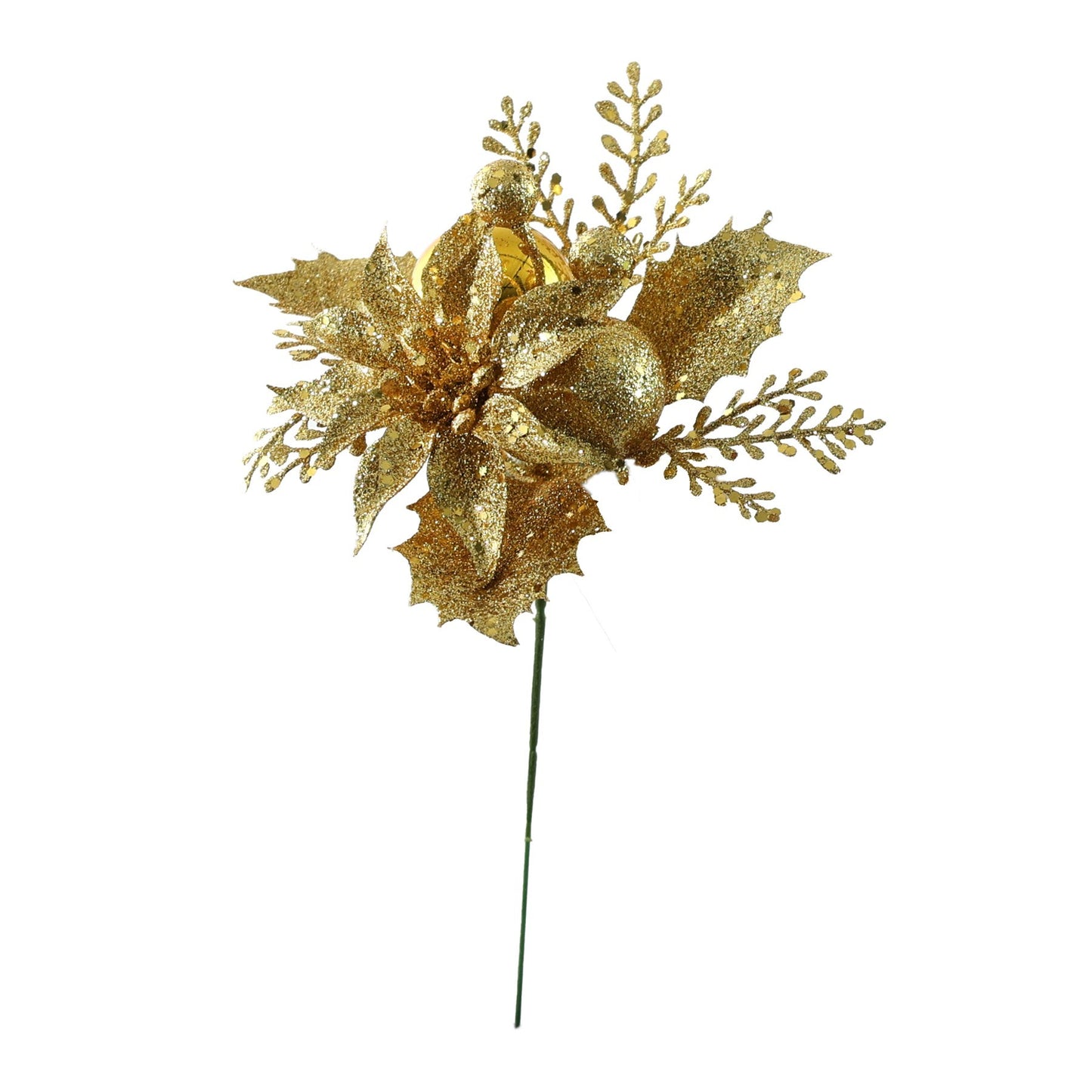 Gold Glitter Poinsettia &amp; Bauble Pick (24cm)