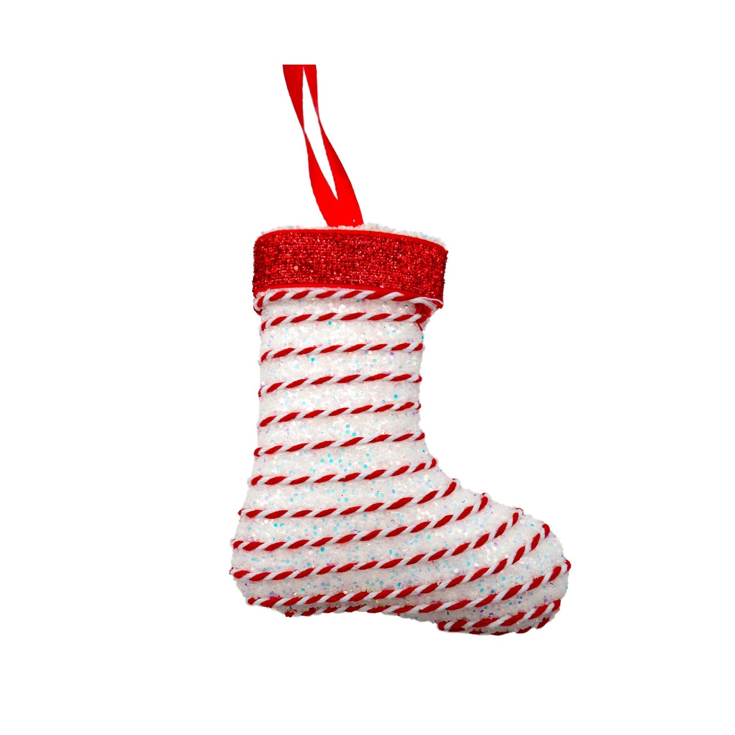 White &amp; Red Glitter Sequin Stocking Hanging Decoration (11cm)