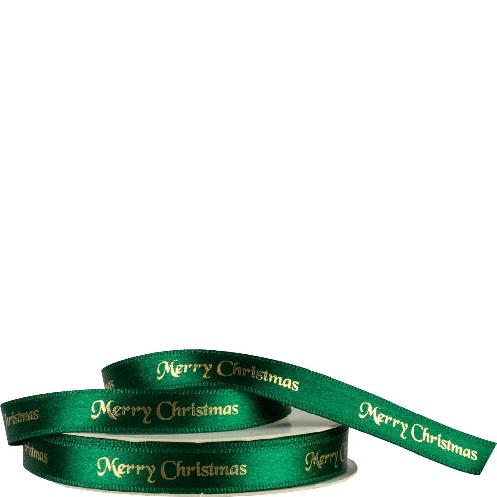 Green &amp; Gold Merry Christmas Satin Ribbon (10mm)