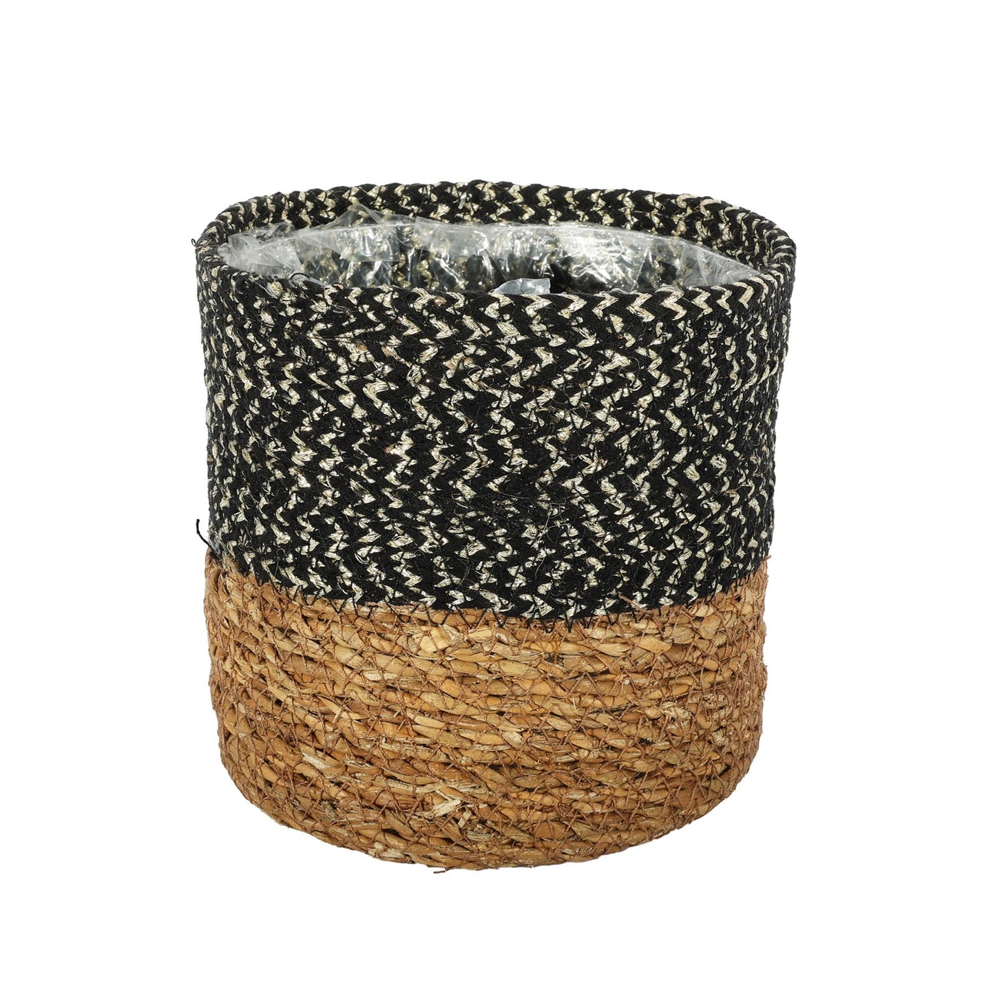 Natural &amp; Black Seagrass Basket with Liner (14 x 14cm)