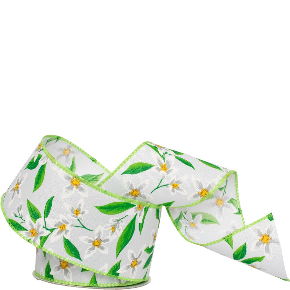 White Floral Harmony Wired Edge Hessian Ribbon 63mm