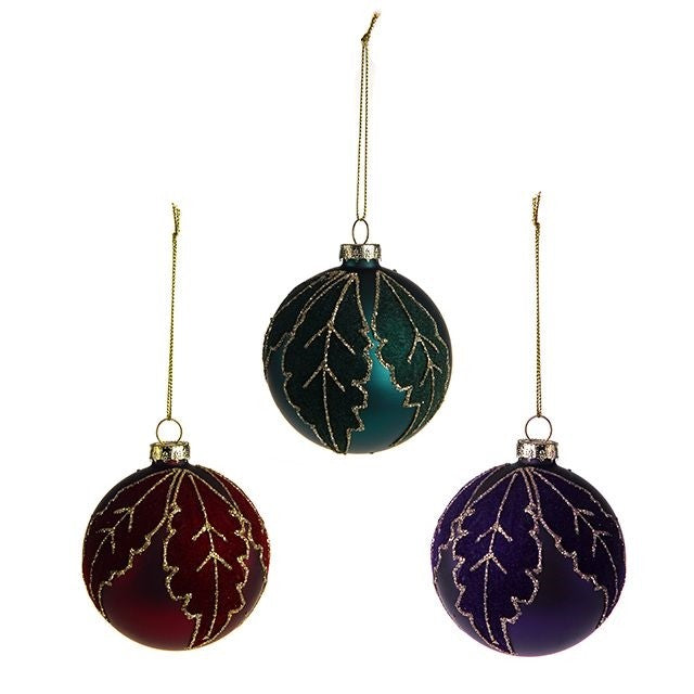 Bauble Glass Leaf Design Glitter (3Ast)