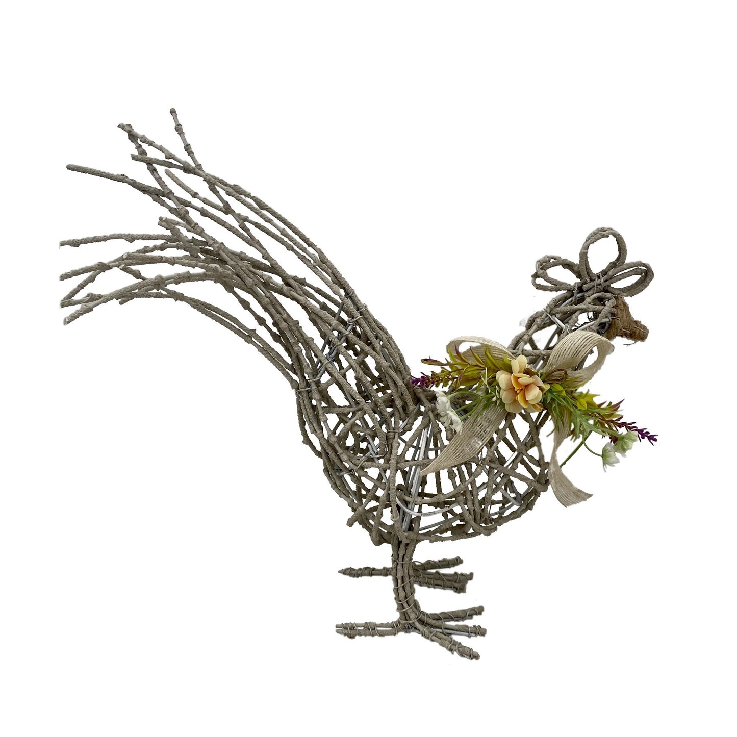 Willow Cockerel Sculpture with Bow &amp; Flowers