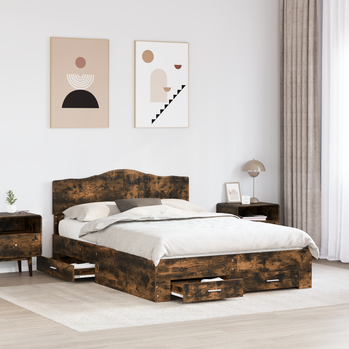 Bed Frame with Drawer Smoked Oak 150 x 200 cm Engineered Wood