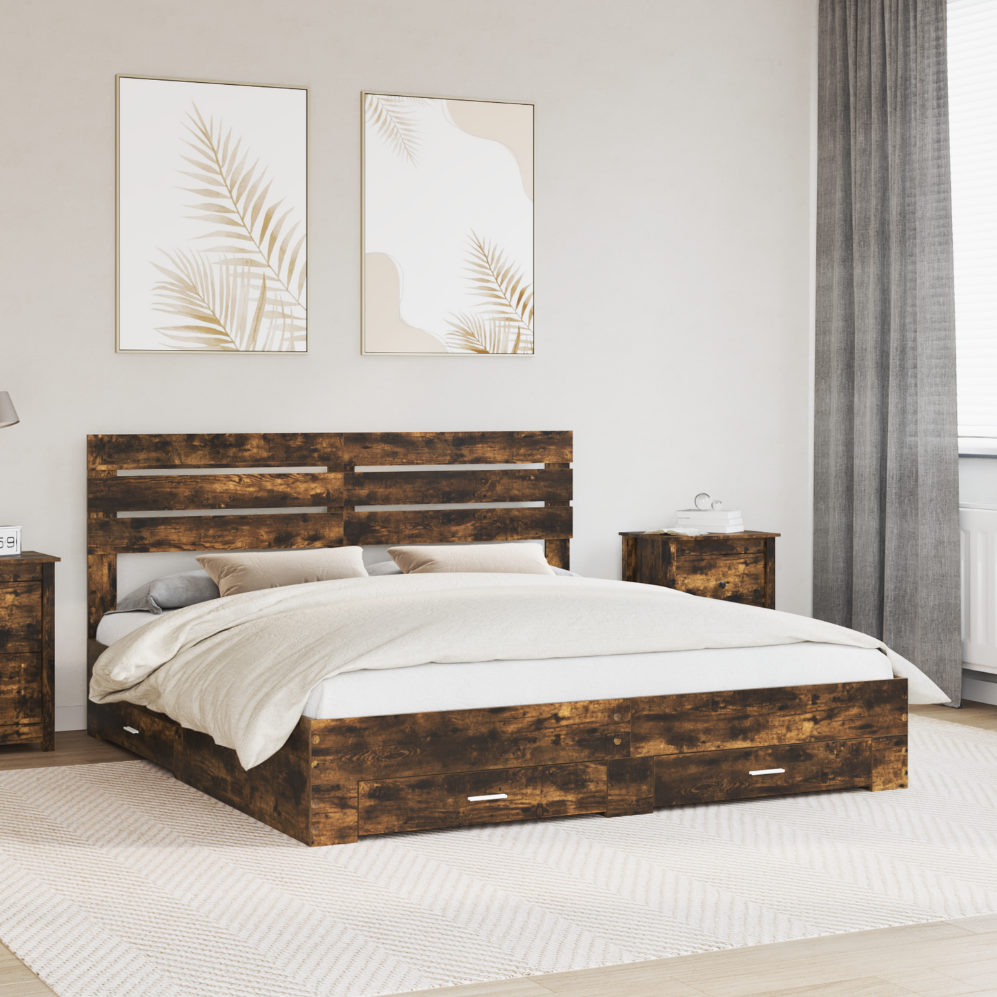 Bed Frame with Drawer Smoked Oak 200 x 200 cm Engineered Wood