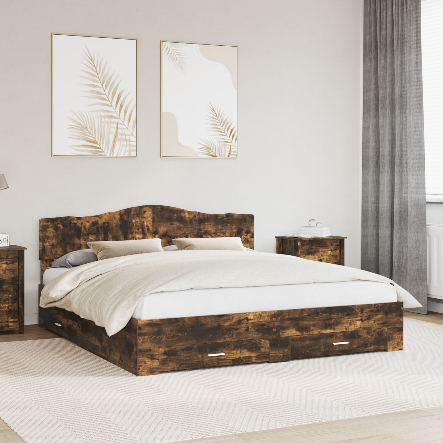 Bed Frame with Drawer Smoked Oak 200 x 200 cm Engineered Wood