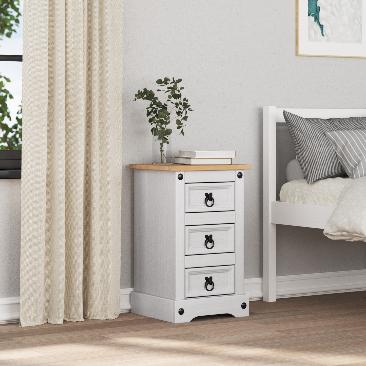 Bedside Table Corona White 35 x 32.5 x 58 cm Solid Pine Wood
