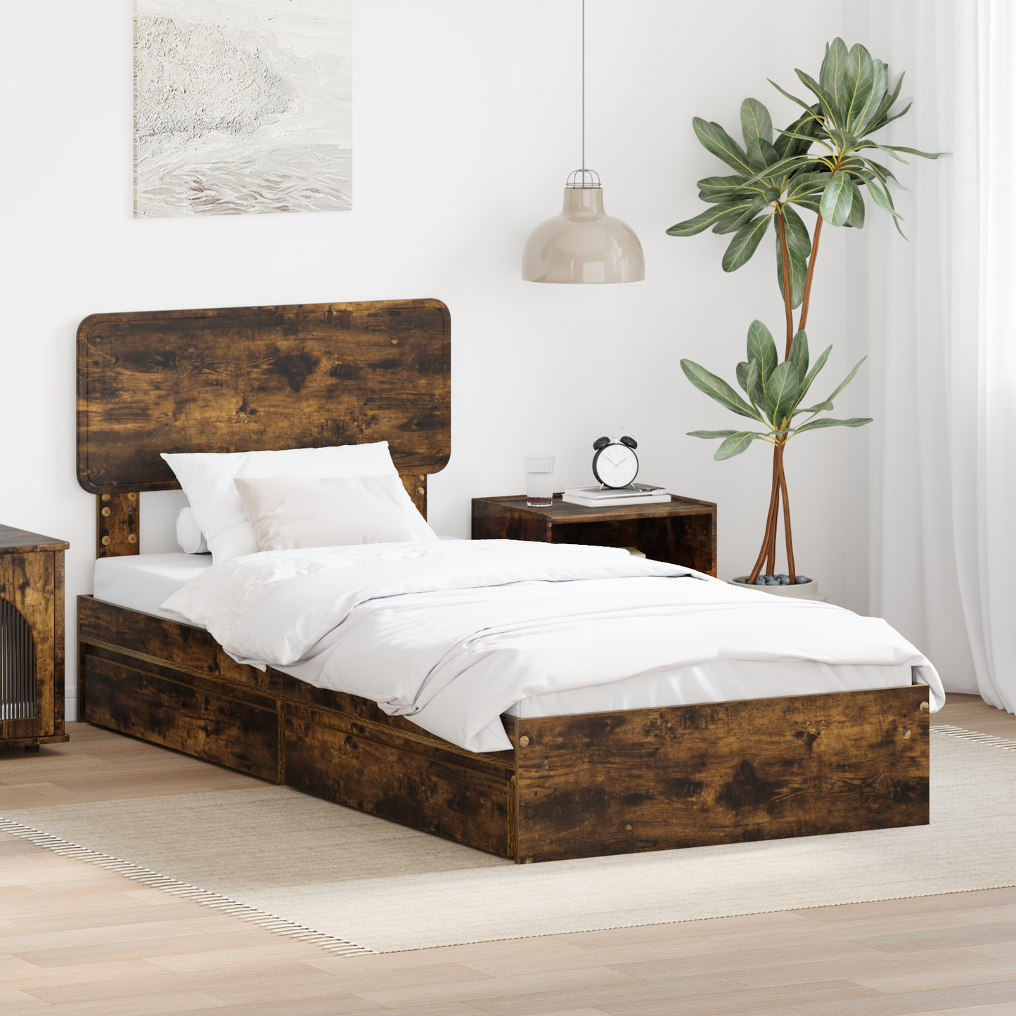 Storage Bed with Drawer Smoked Oak 90 x 190 cm Engineered Wood
