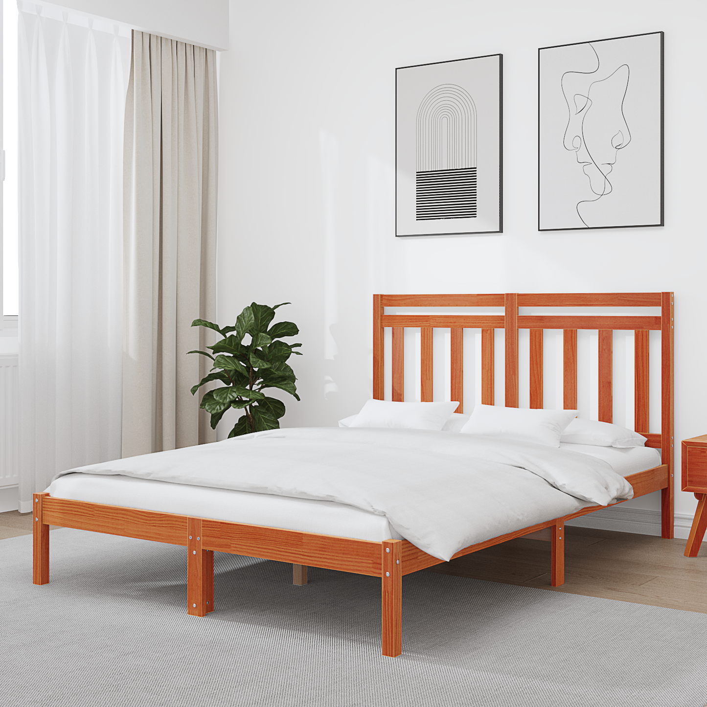 Bed Frame Wax Brown 205.5 x 145.5 x 100 cm Solid Pine Wood