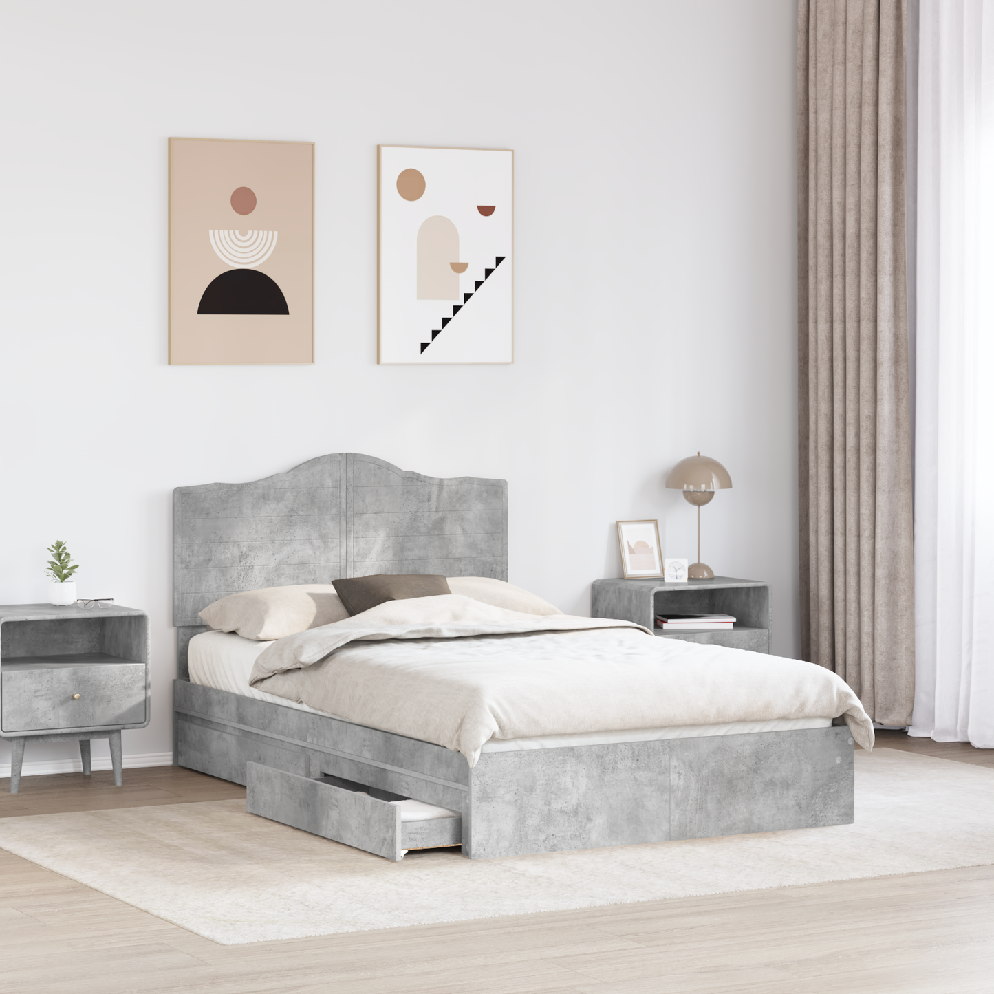 Storage Bed Concrete Grey 135 x 190 cm Engineered Wood