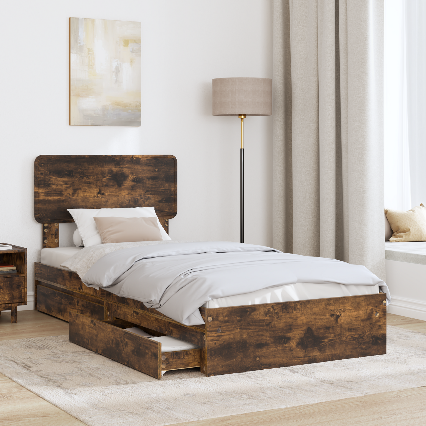 Storage Bed with Drawer Smoked Oak 90 x 190 cm Engineered Wood