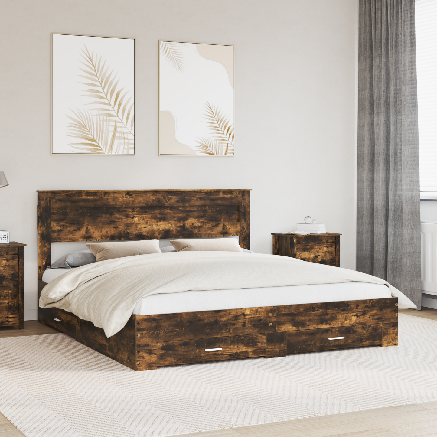 Bed Frame with Drawer Smoked Oak 200 x 200 cm Engineered Wood
