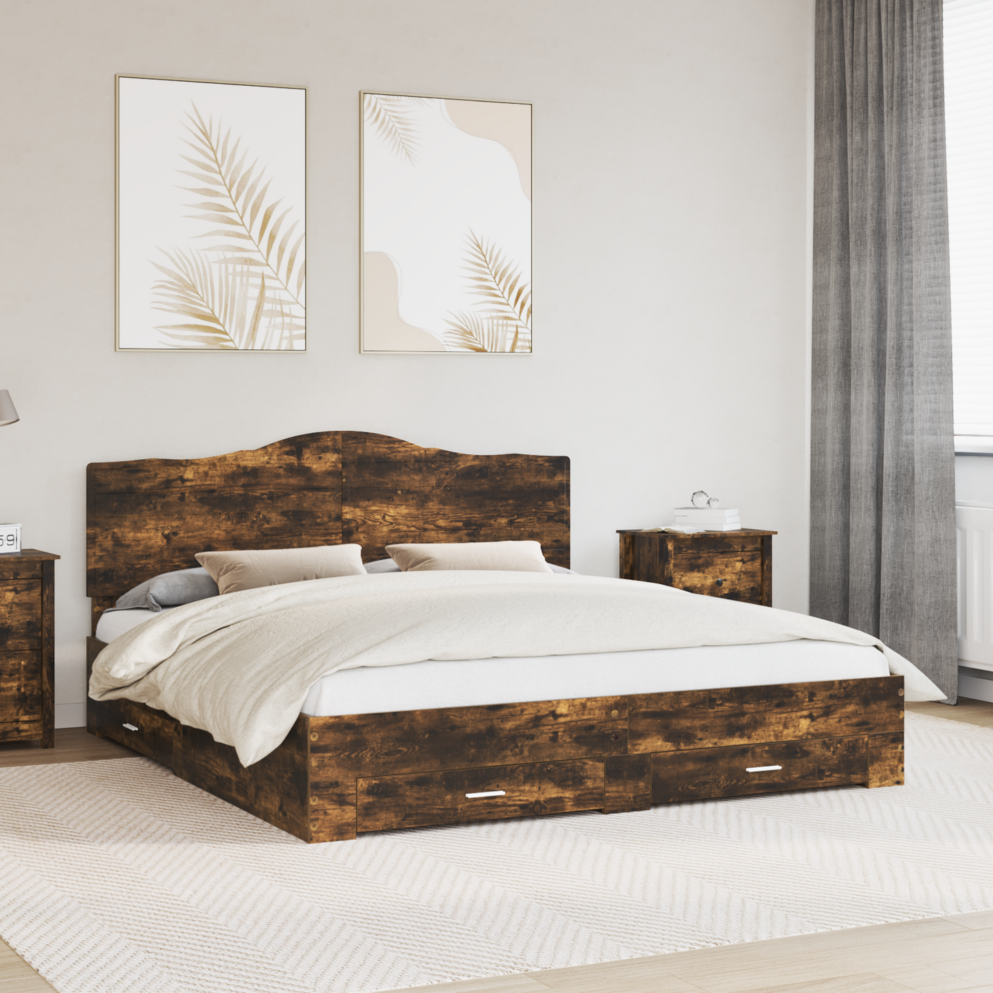 Bed Frame with Drawer Smoked Oak 200 x 200 cm Engineered Wood