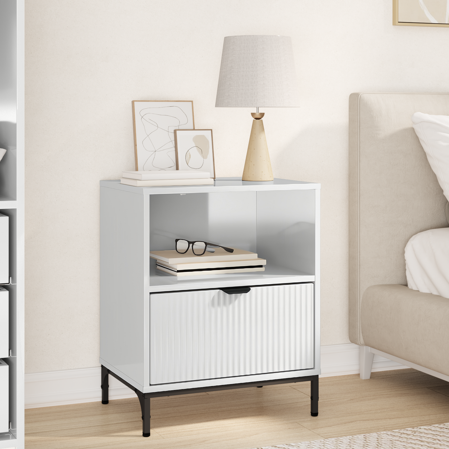 Bedside Cabinet with Drawer High gloss white 49 x 36 x 61 cm