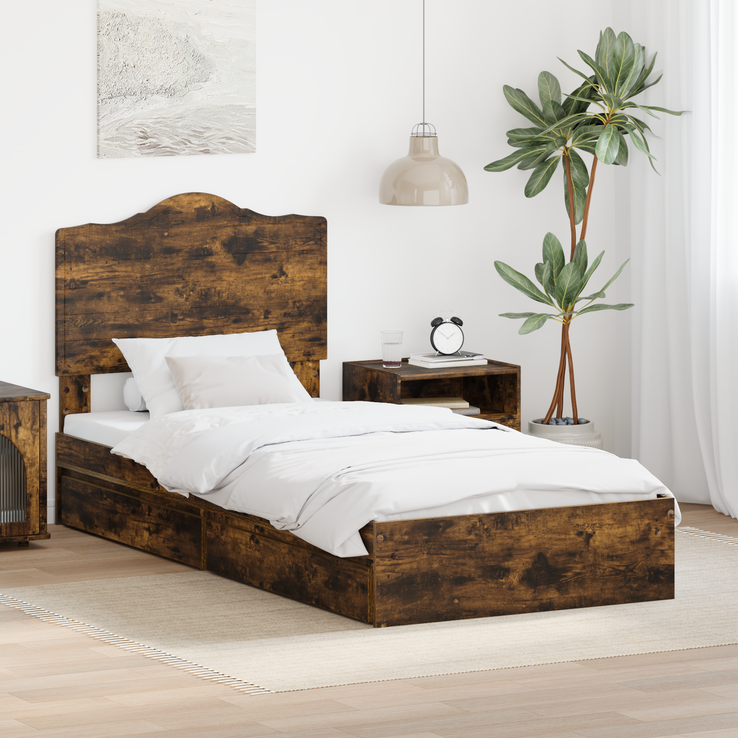 Storage Bed with Drawer Smoked Oak 90 x 200 cm Engineered Wood