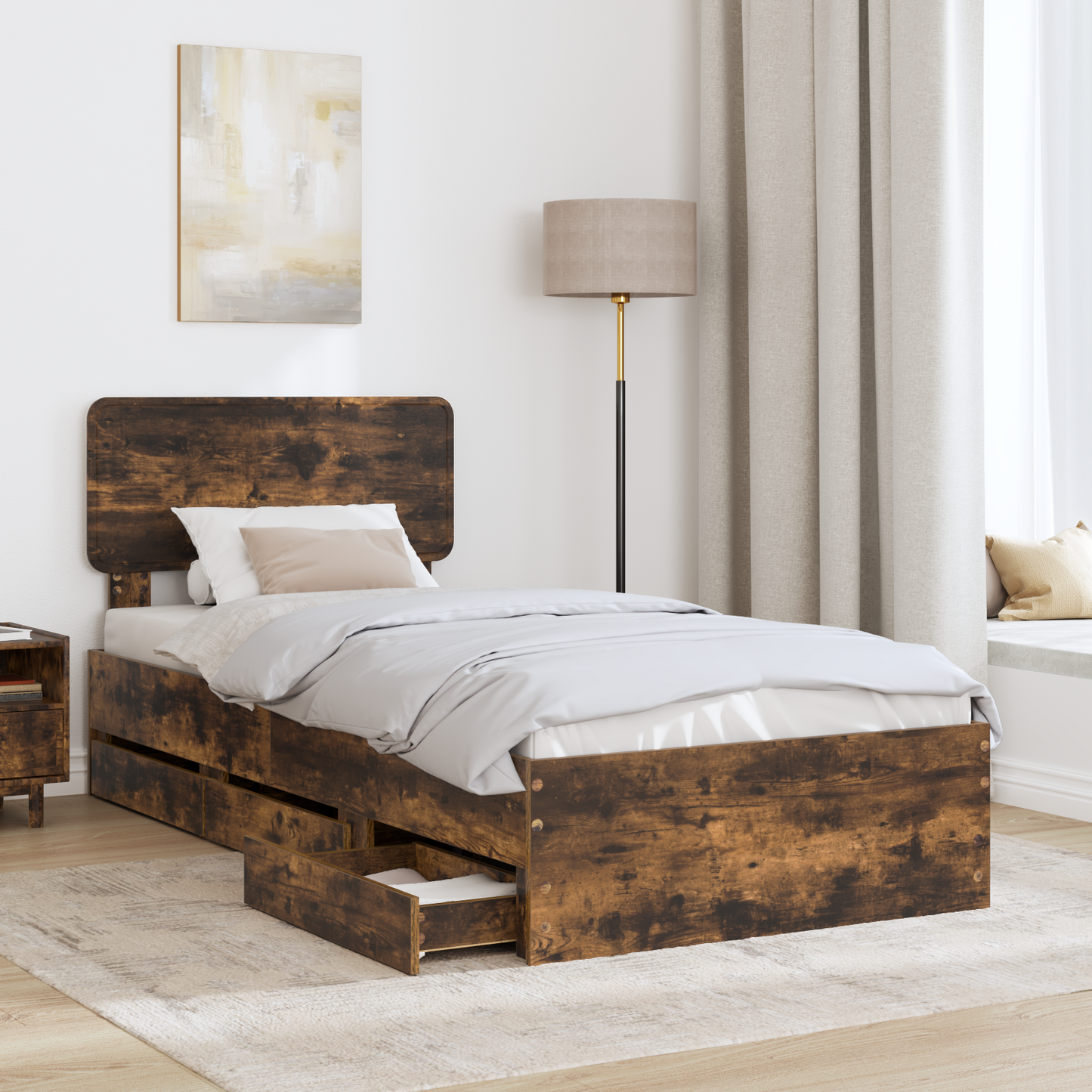 Bed Frame with Drawer Smoked Oak 90 x 200 cm Engineered Wood