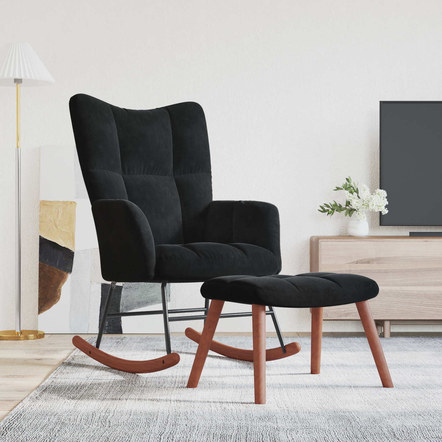 Rocking Chair with Footstool Black Velvet