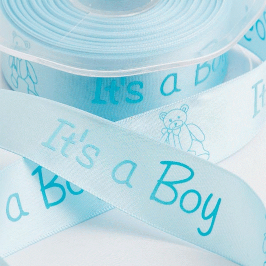 'Its A Boy' Pale blue satin ribbon with teddy 25mm x 20m