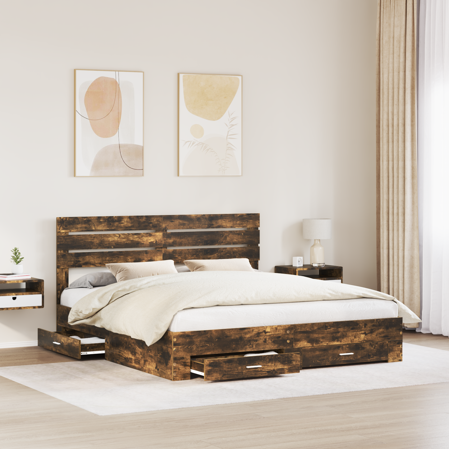 Bed Frame with Drawer Smoked Oak 200 x 200 cm Engineered Wood