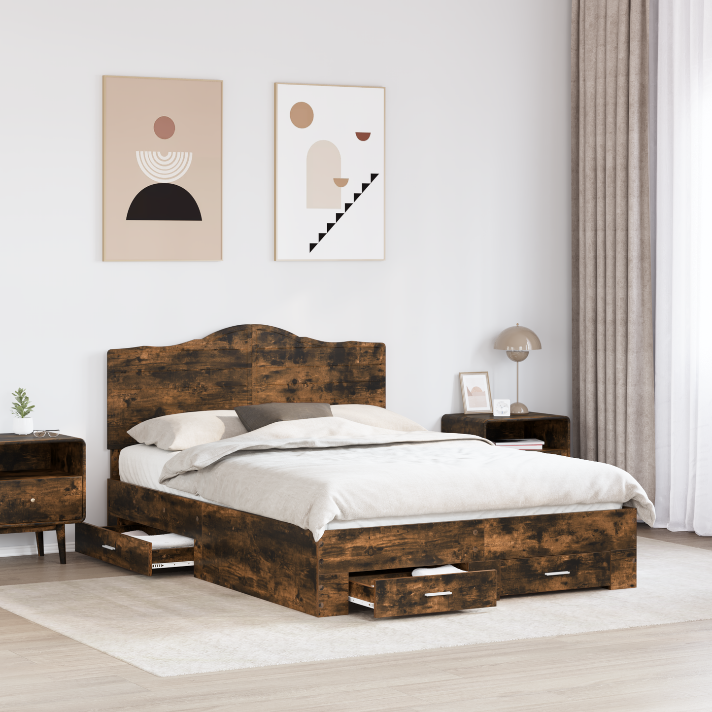 Bed Frame with Drawer Smoked Oak 150 x 200 cm Engineered Wood