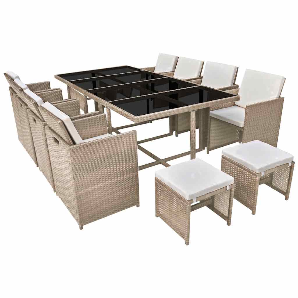 42558 vidaXL 13 Piece Outdoor Dining Set with Cushions Poly Rattan Beige