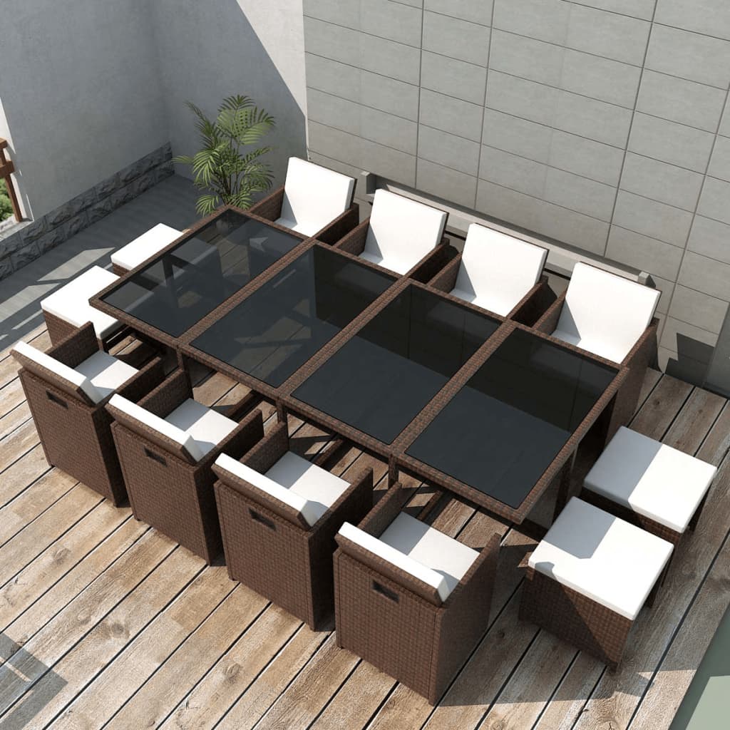 vidaXL 13 Piece Outdoor Dining Set with Cushions Poly Rattan Brown
