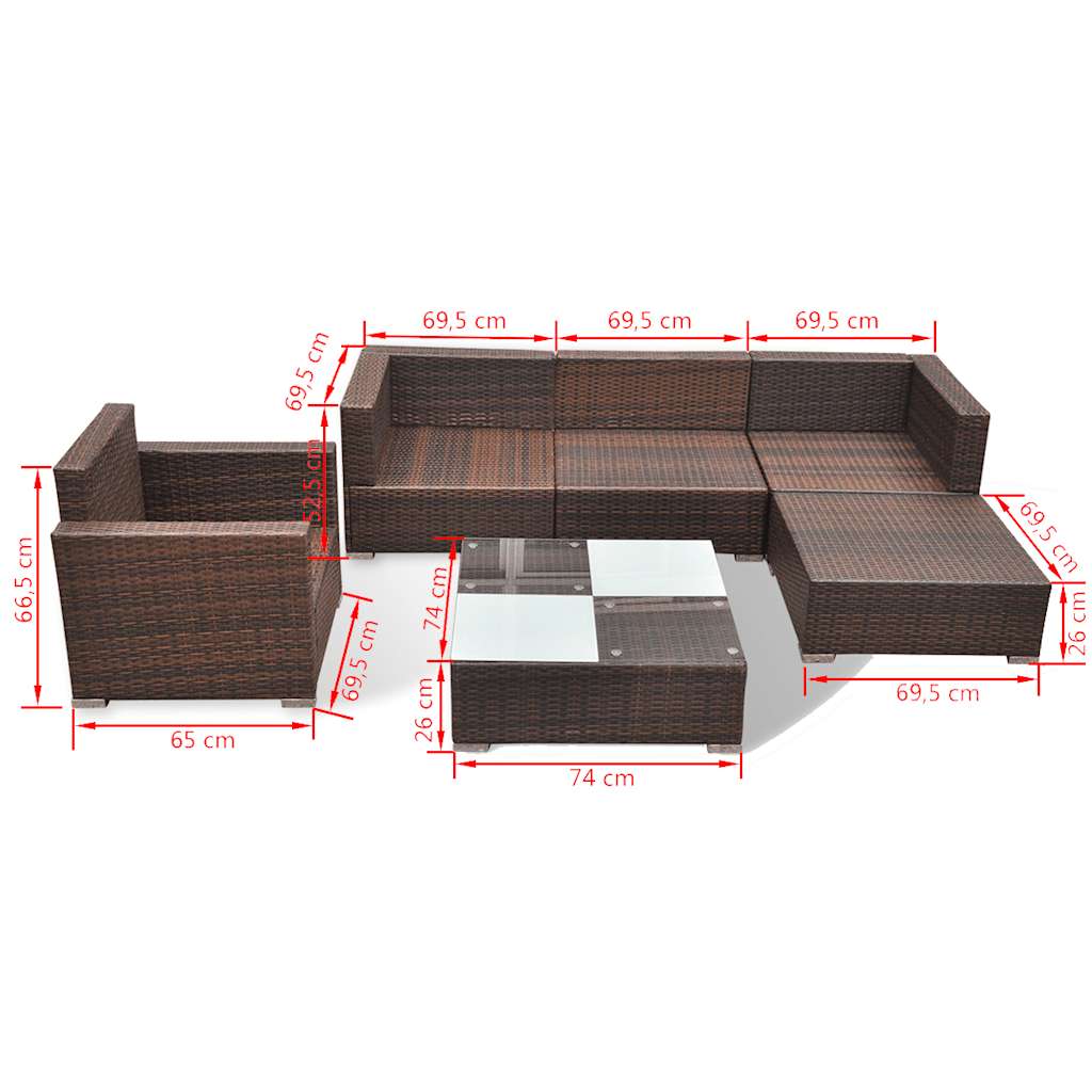 vidaXL 6 Piece Garden Lounge Set with Cushions Poly Rattan Brown
