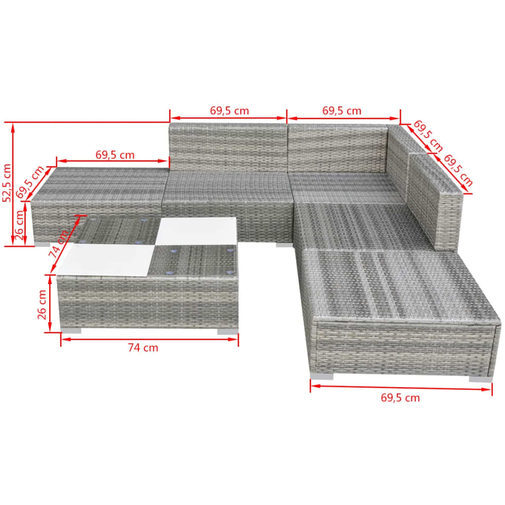 vidaXL 6 Piece Garden Lounge Set with Cushions Poly Rattan Grey