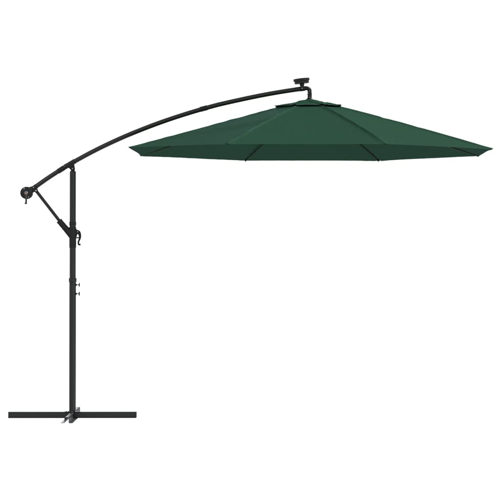 vidaXL Hanging Garden Parasol with LED Lighting 300 cm Green Metal Pole