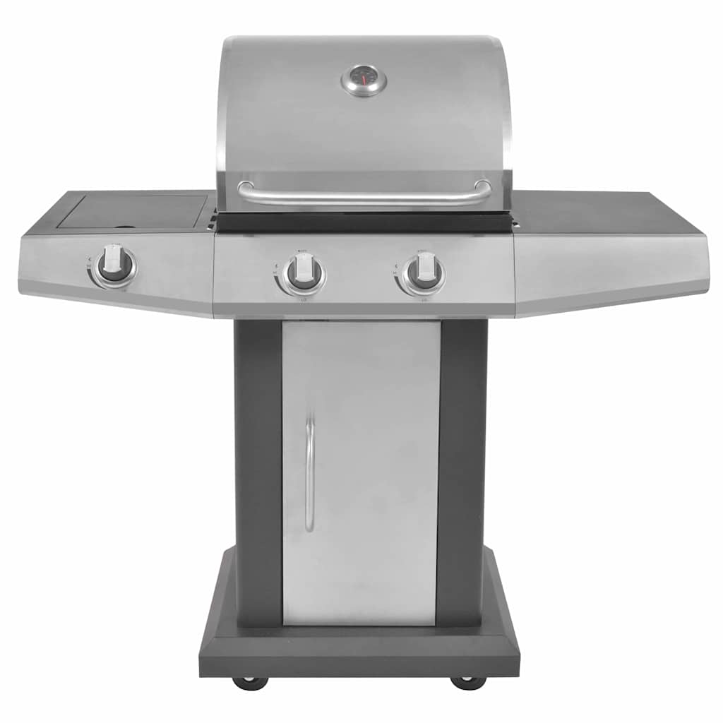 Burner Gas Grill with Wheel Silver Steel with Metal Hose