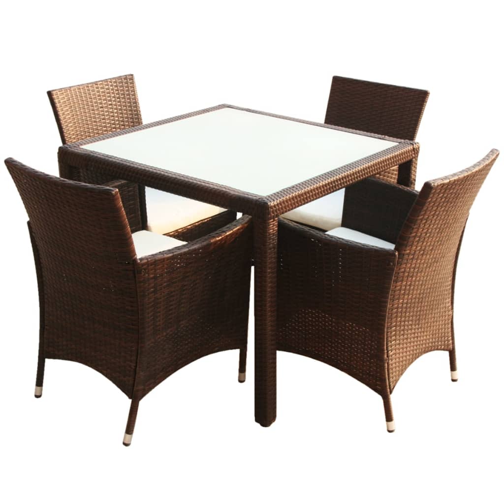 vidaXL 5 Piece Outdoor Dining Set with Cushions Poly Rattan Brown