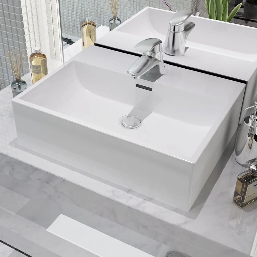 vidaXL Basin with Faucet Hole Ceramic White 51.5x38.5x15 cm