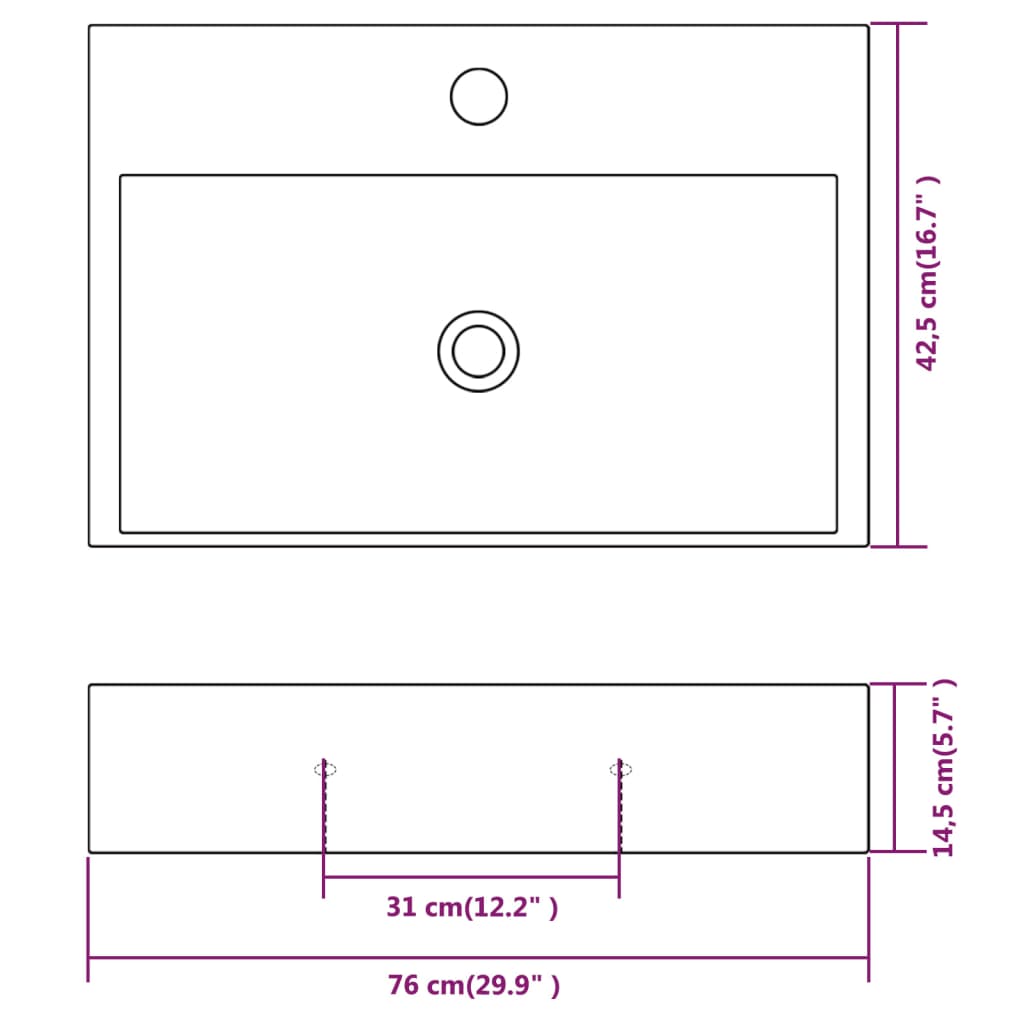 vidaXL Basin with Faucet Hole Ceramic White 76x42.5x14.5 cm