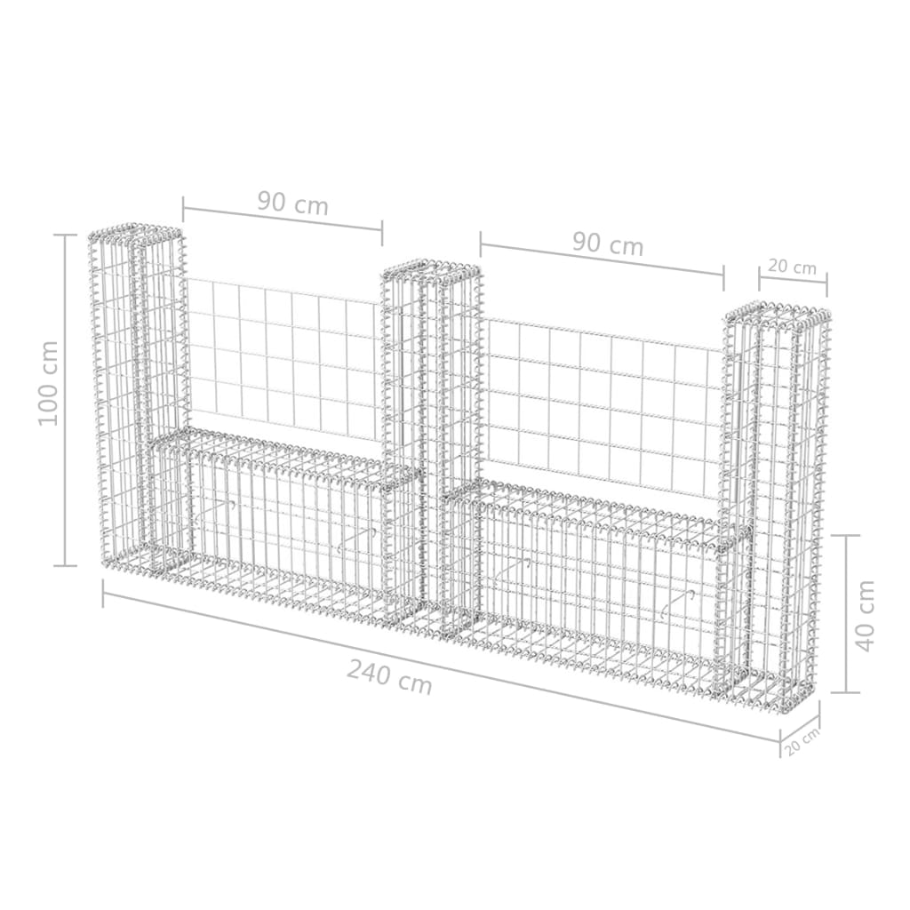 vidaXL Gabion Basket U-Shape Galvanised Steel 240x20x100 cm