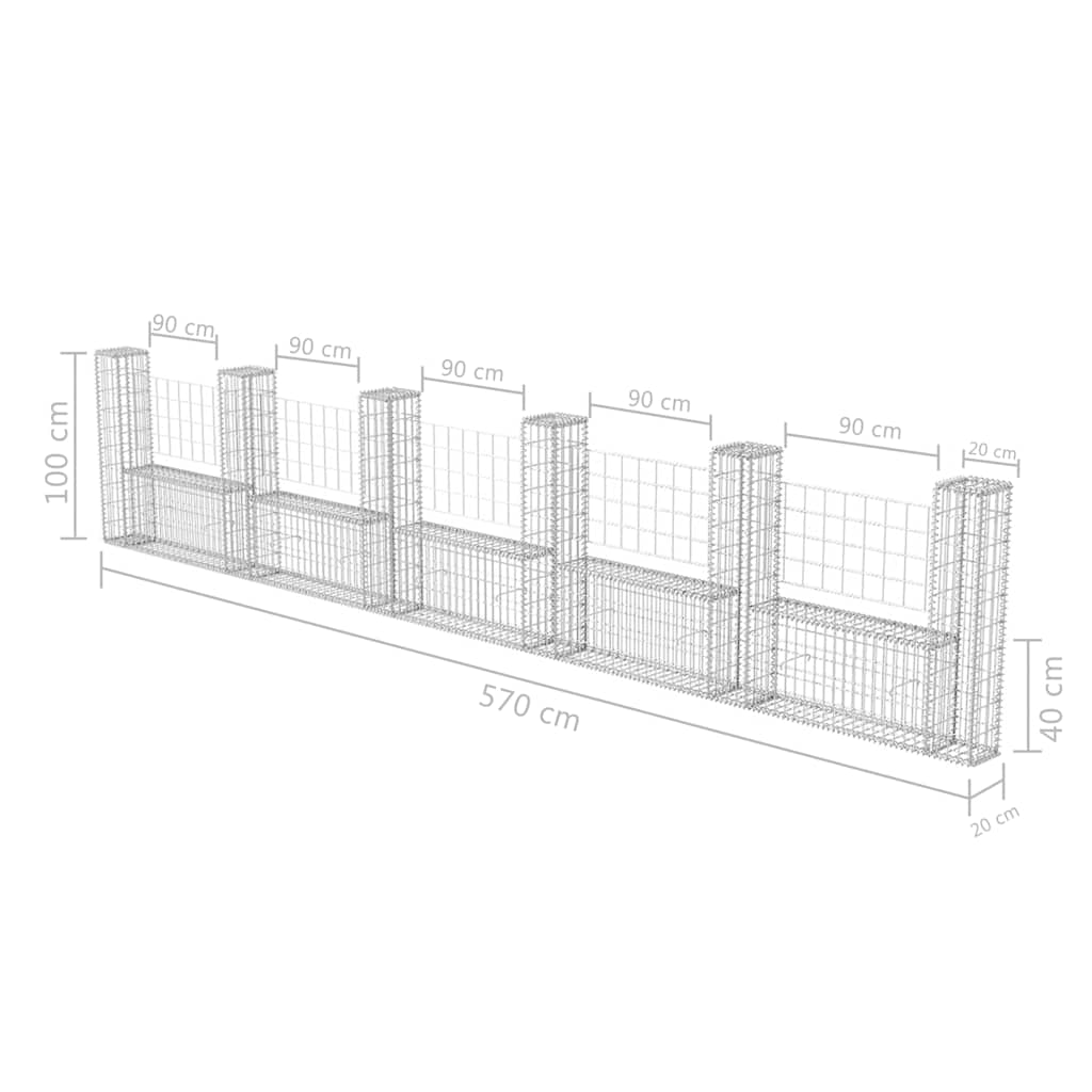 Gabion Basket U-Shape Galvanised Steel 570x20x100 cm