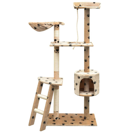 Cat Tree | Beige with black paw prints | Plush, Sisal, Wood | Large