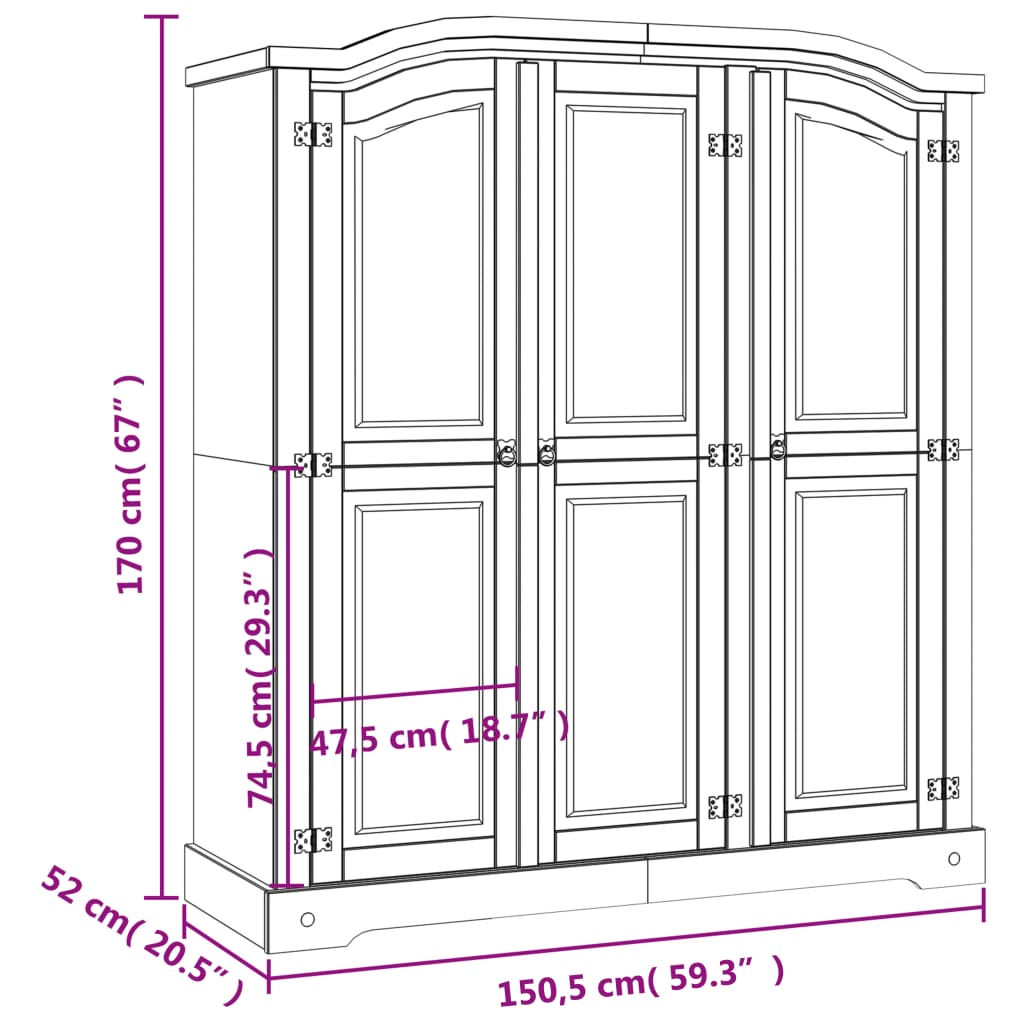 vidaXL Wardrobe Mexican Pine Corona Range 3 Doors