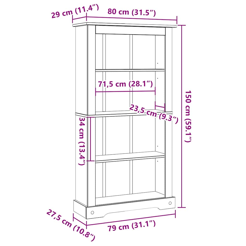 243743 vidaXL 4-Tier Bookcase Mexican Pine Corona Range 80x29x150 cm