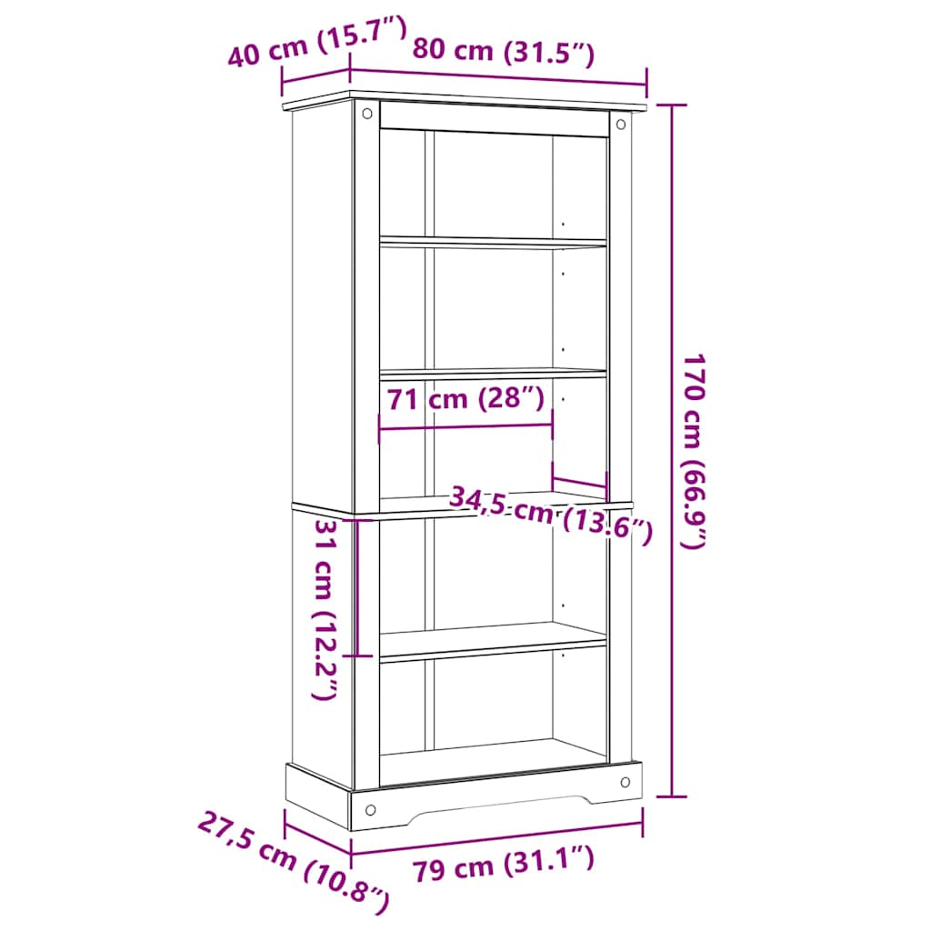 243744 vidaXL 5-Tier Bookcase Mexican Pine Corona Range 80x40x170 cm
