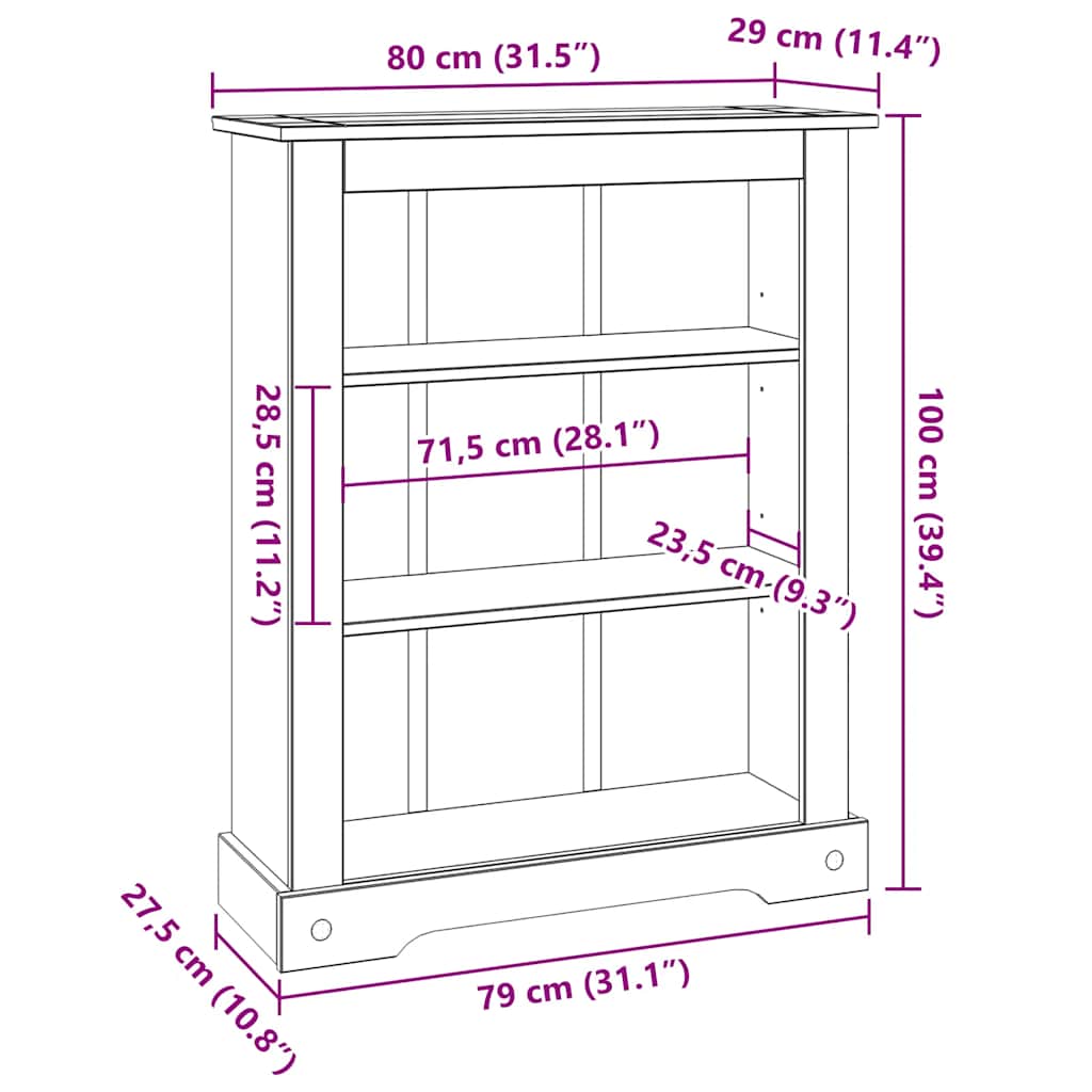 243745 vidaXL 3-Tier Bookcase Mexican Pine Corona Range 80x29x100 cm