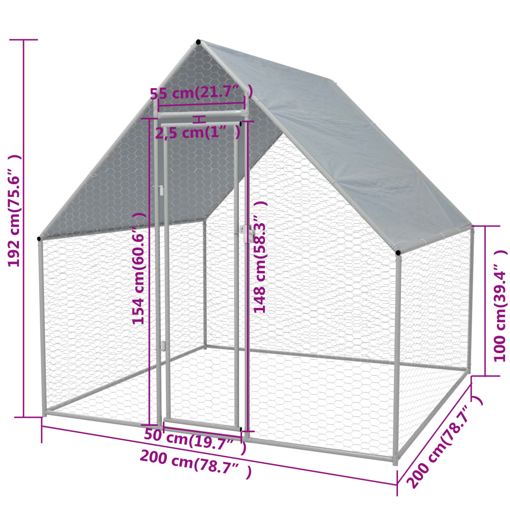 vidaXL Outdoor Chicken Cage 2x2x1.92 m Galvanised Steel